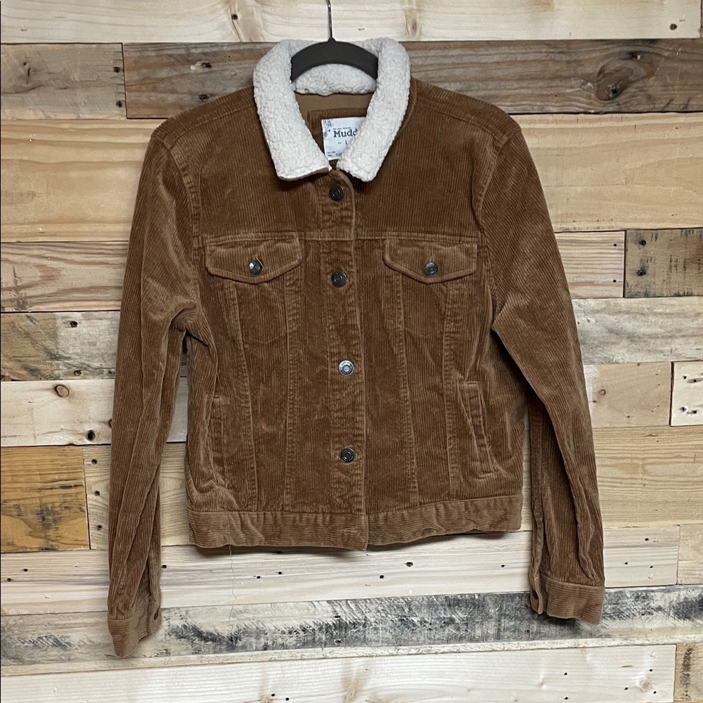 Mudd size Large Light Brown Corduroy Lightweight Jacket with Cream Sherpa Collar